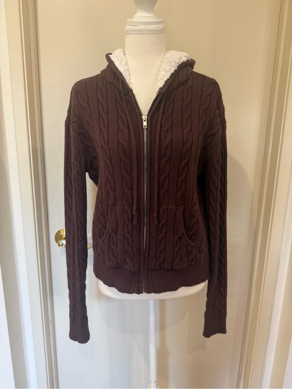 Brown Cable-Knit Sherpa-Lined Zip Hoodie Jacket - Women